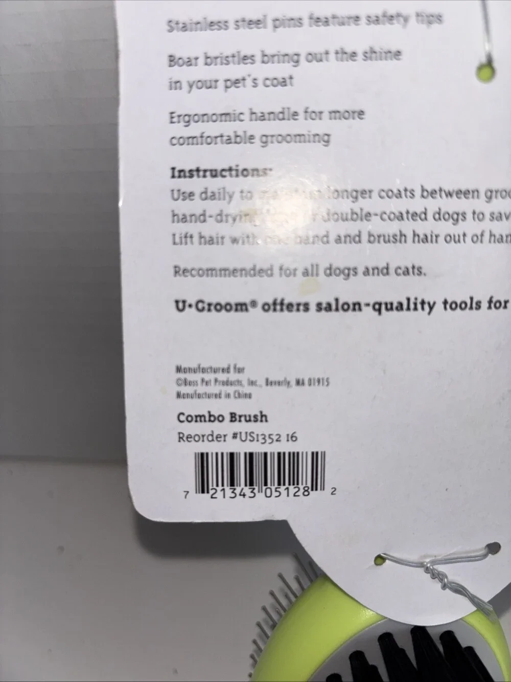 U Groom Combo Pet Brush Bristle/Pin Brush NEW